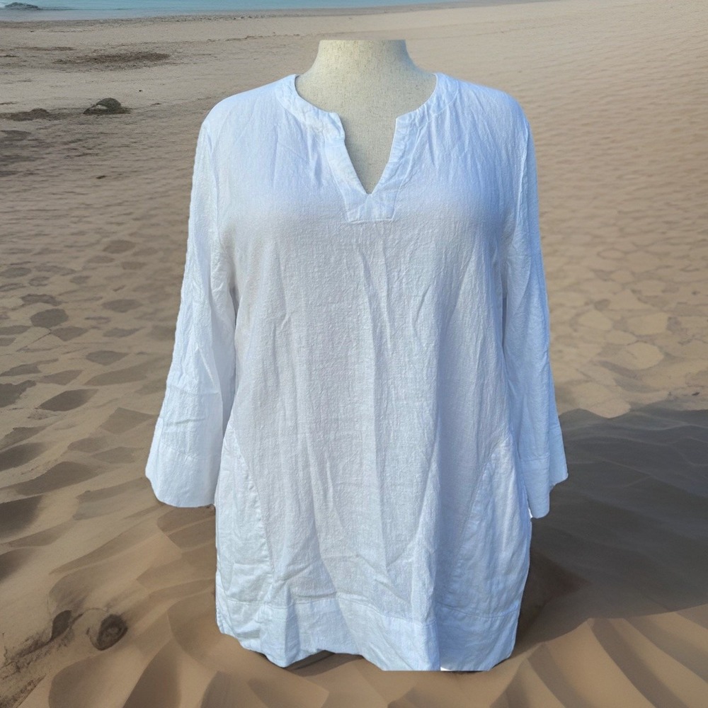 Lands' End Tunic Blouse Women Large White Linen Blend Split Neck Coastal Summer